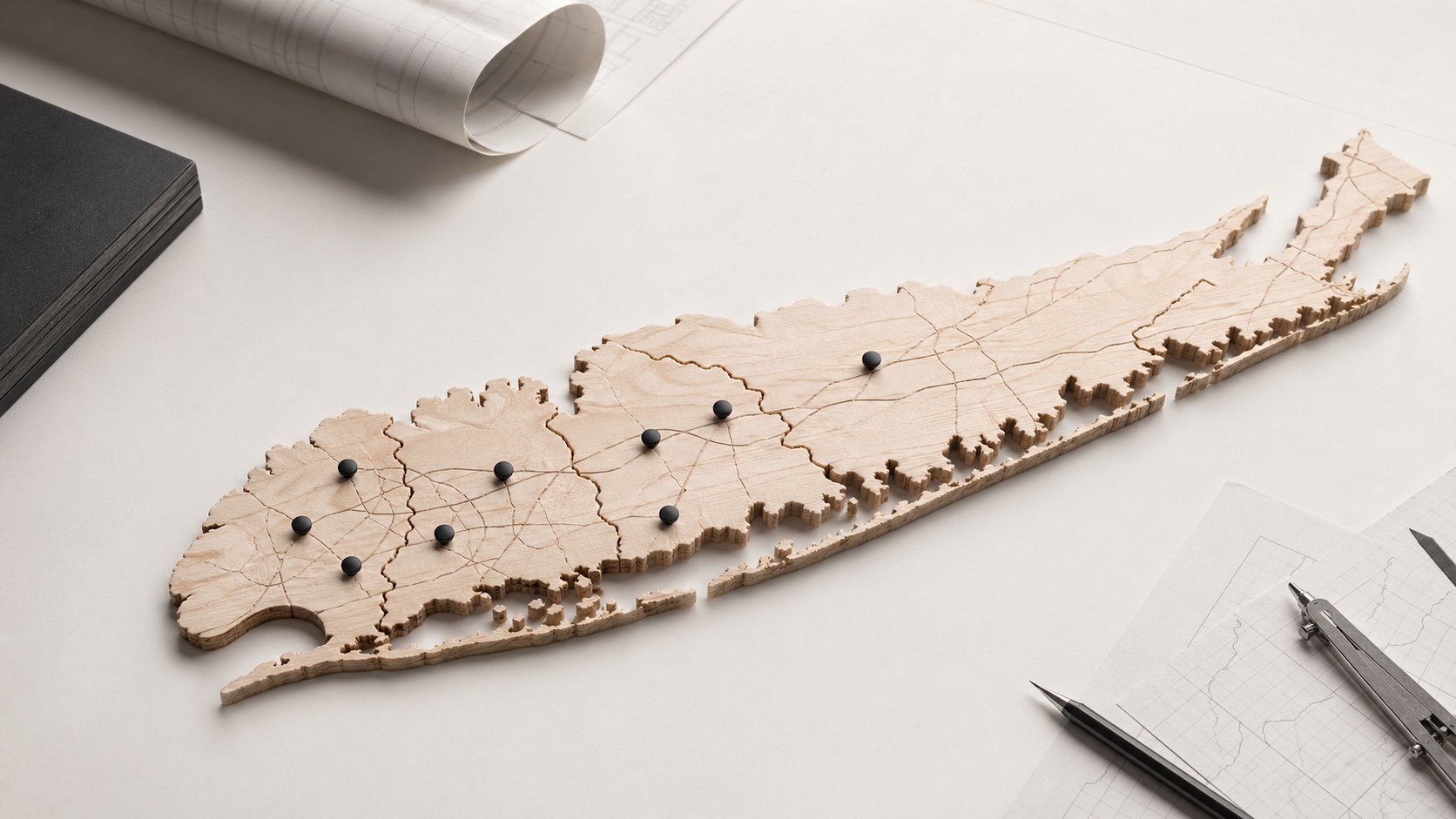 Wooden relief map of the Long Island service area