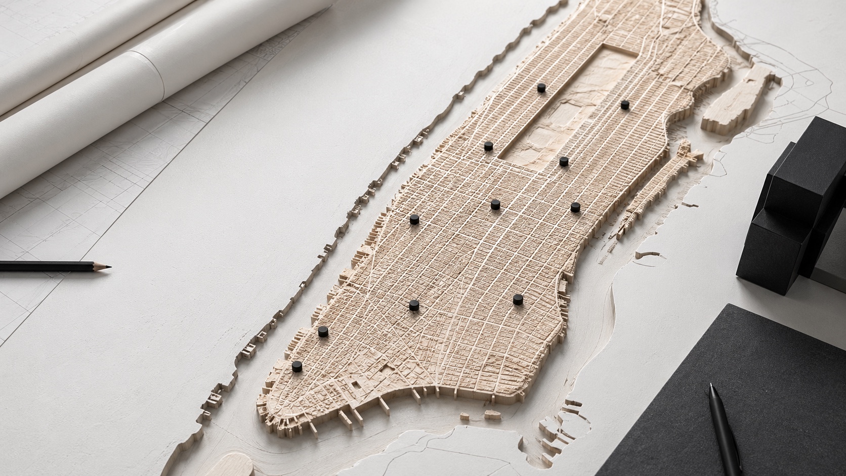 Wooden relief map of Manhattan neighborhoods served by SBK