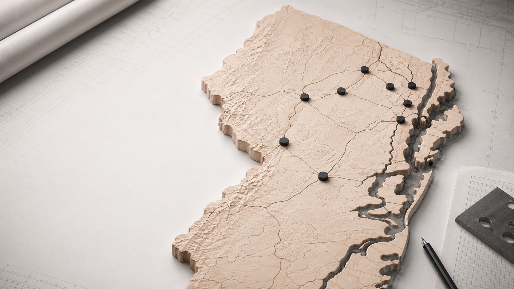 Wooden relief map of the New Jersey service area