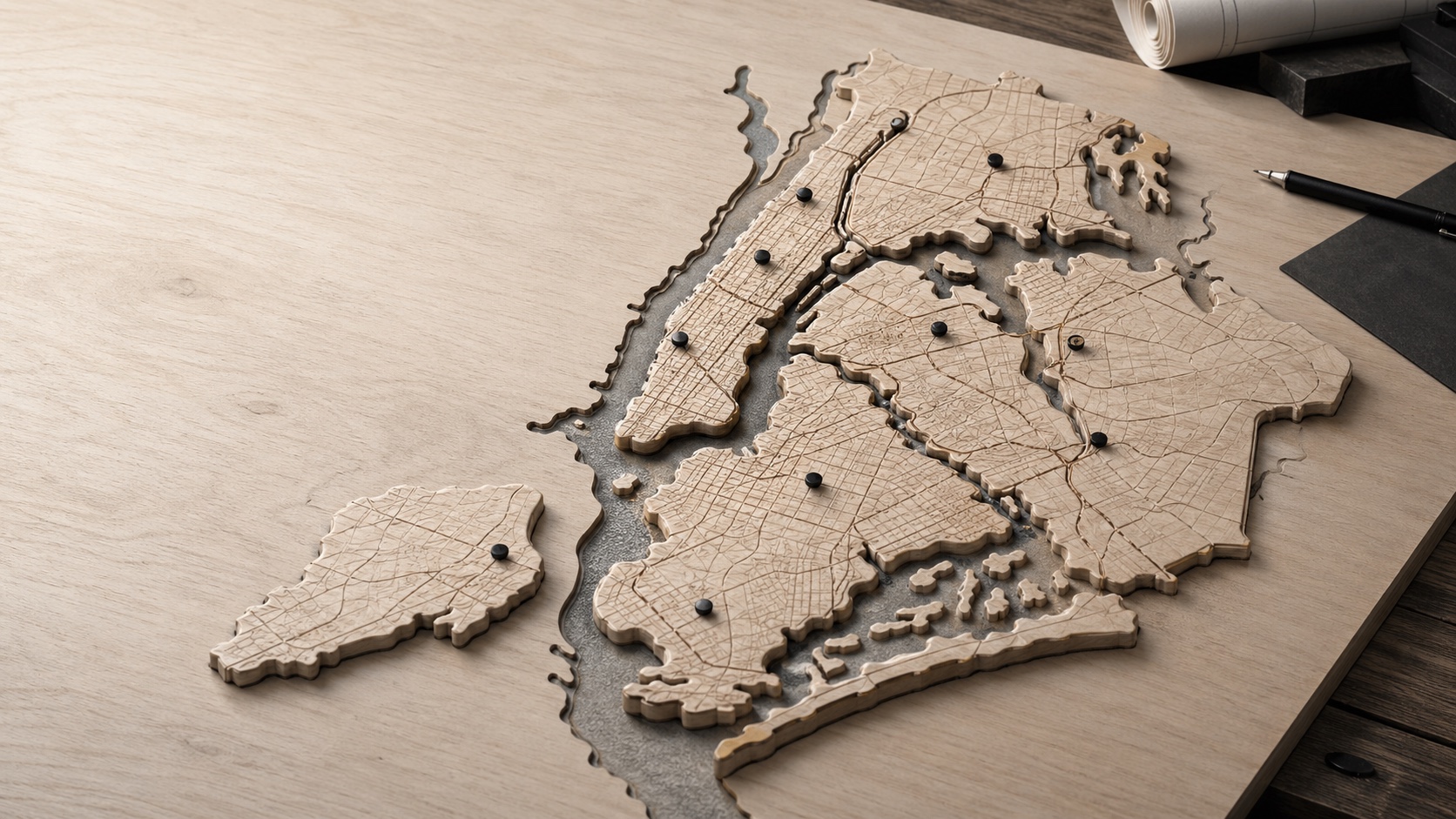 Wooden relief map of SBK's New York metro service area