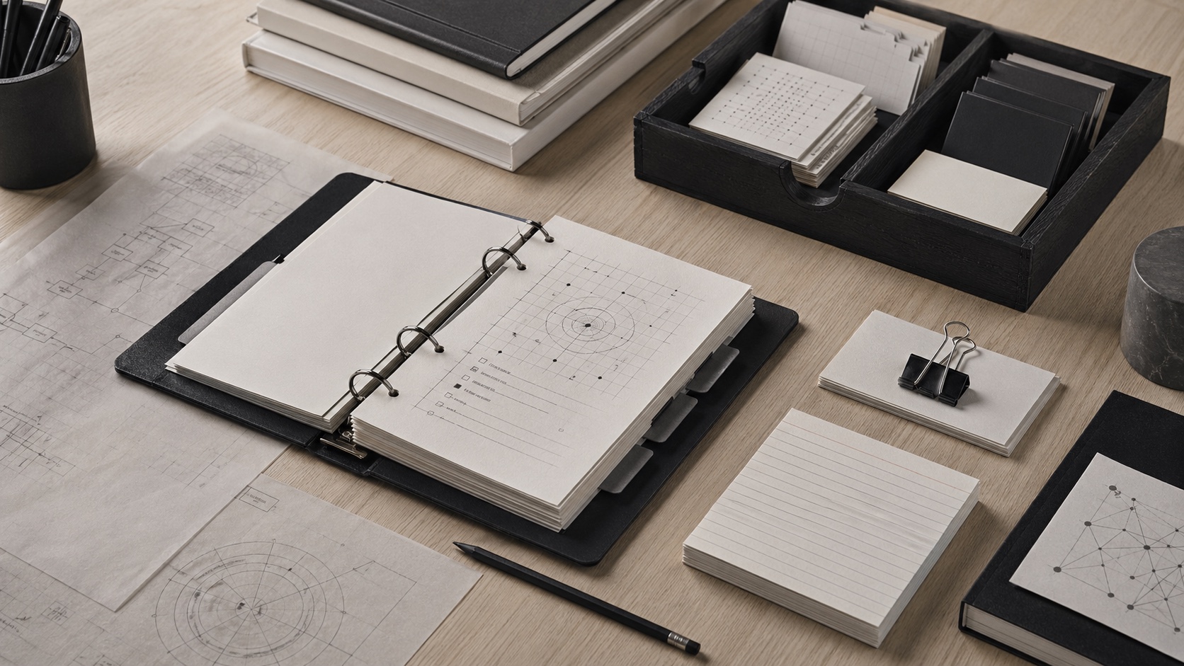 Organized technology reference materials on a workbench
